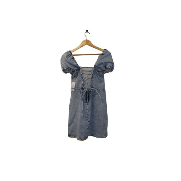 NWT bebe Lace Back Denim Dress 104509 Size 10 With Puff Sleeves MSRP $129 - Picture 8 of 11